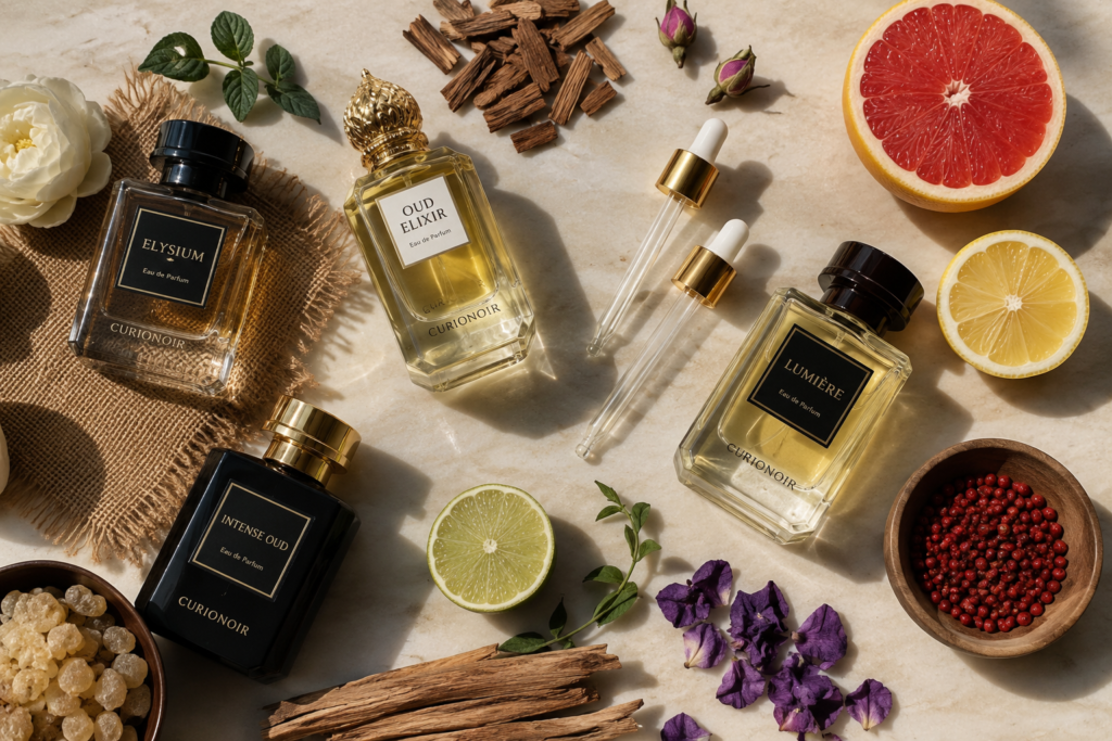 Luxury perfume bottles, glass droppers, citrus slices, wood bark, flower petals, and botanical ingredients arranged in a premium flat lay for fragrance creation.