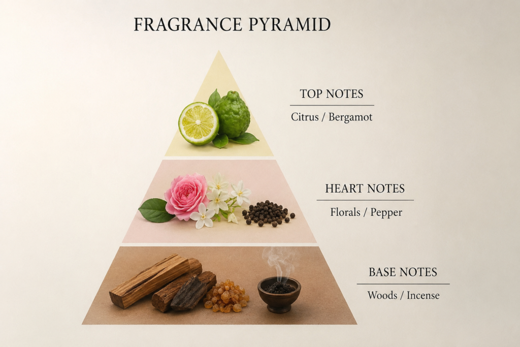 Fragrance pyramid diagram illustrating top notes of citrus and bergamot, heart notes of florals and pepper, and base notes of woods and incense, explaining the structure of perfume fragrance composition.