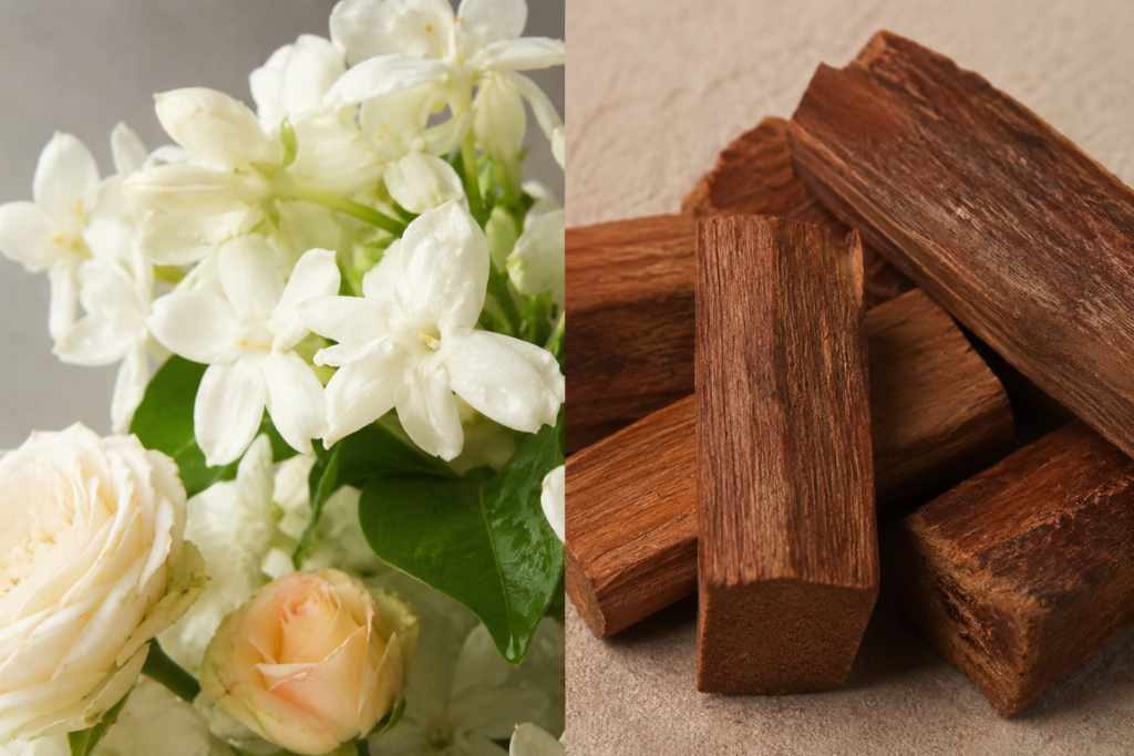 Realistic split-screen featuring blooming jasmine and roses alongside textured cedarwood and sandalwood blocks, representing the balanced woody floral perfume fragrance family.