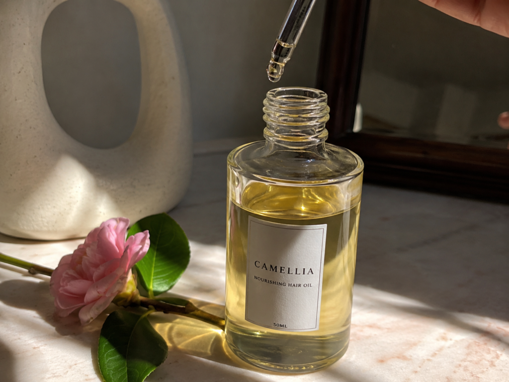Luxury camellia hair oil in a glass dropper bottle with soft natural light, showcasing camellia oil for hair care, nourishment, shine, and scalp treatment.