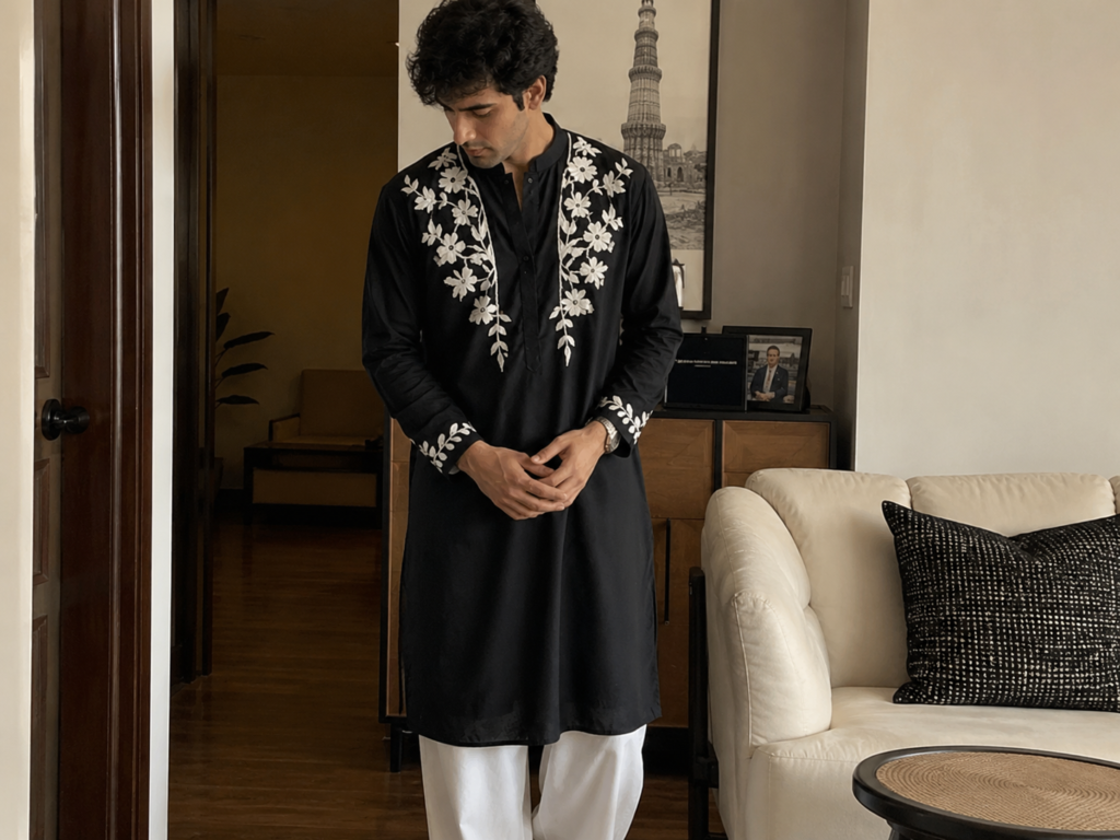 A sophisticated black Bollywood style kurta pyjama for men showcasing premium fabric texture