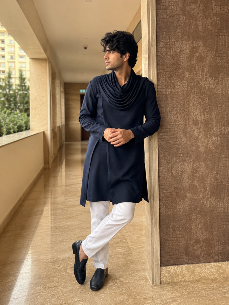An Indo Western fusion outfit for men featuring a modern cowl draped kurta design