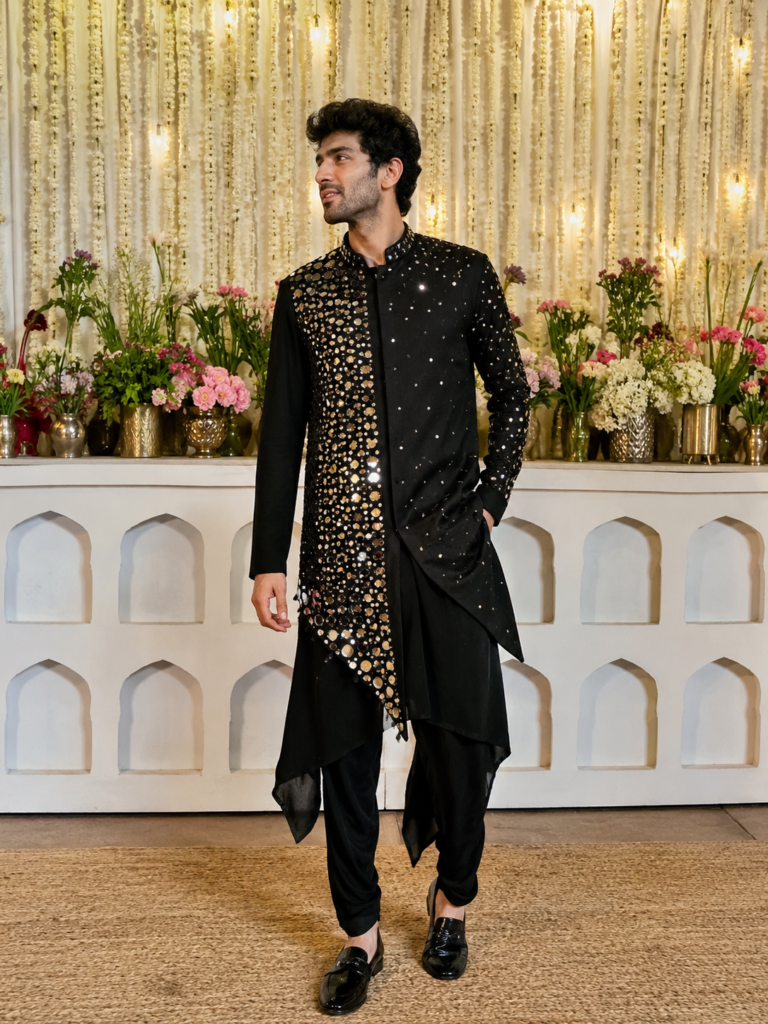 An asymmetric Bollywood style sangeet outfit for men featuring intricate mirror work