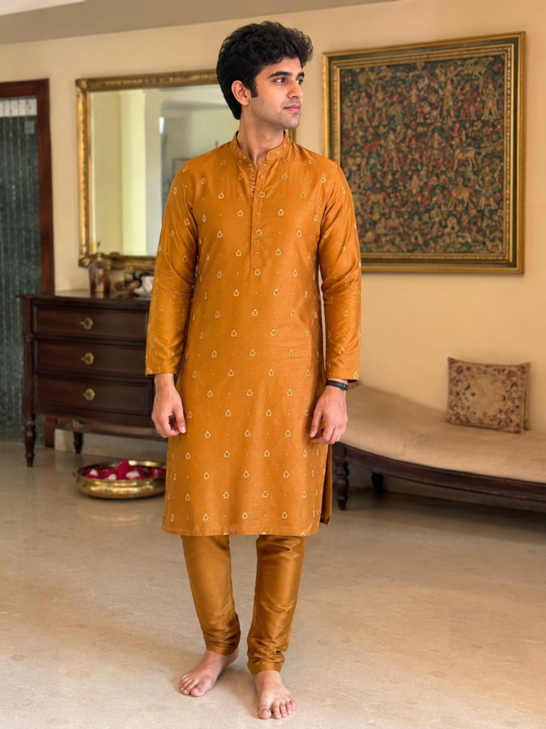An ochre silk festive kurta set ideal for a Bollywood style traditional Diwali look
