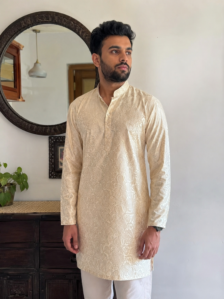 A premium designer Banarasi brocade kurta for men highlighting luxury Indian craftsmanship