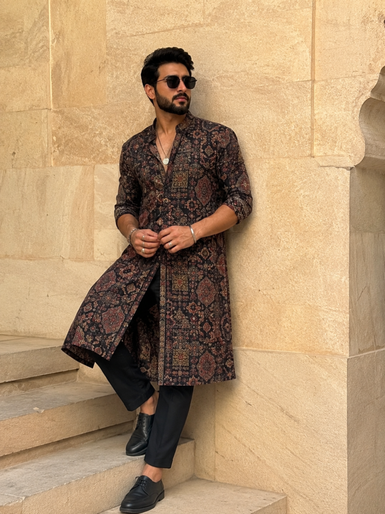 A bold printed Anarkali style kurta inspired by dramatic Bollywood celebrity ethnic fashion