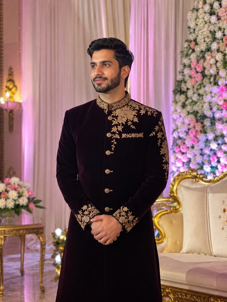A royal traditional deep hued velvet sherwani for men suitable for a winter wedding