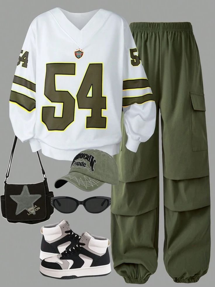 Streetwear blokecore outfit flat lay featuring a green and white football jersey styled with olive cargo pants and high-top sneakers.