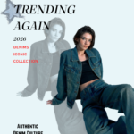 Fashion poster titled "Denim-on-Denim Trending Again - 2026 Denims Iconic Collection." It features a model sitting in a dark blue denim jacket, black crop top, and matching wide-leg jeans, with a faded shadow silhouetting her in the background. Decorated with silver star graphics and the text "Authentic Denim Culture."