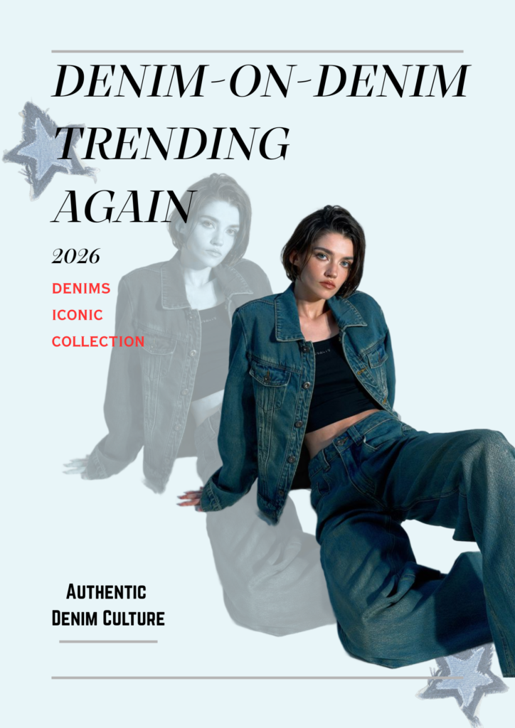 Fashion poster titled "Denim-on-Denim Trending Again - 2026 Denims Iconic Collection." It features a model sitting in a dark blue denim jacket, black crop top, and matching wide-leg jeans, with a faded shadow silhouetting her in the background. Decorated with silver star graphics and the text "Authentic Denim Culture."