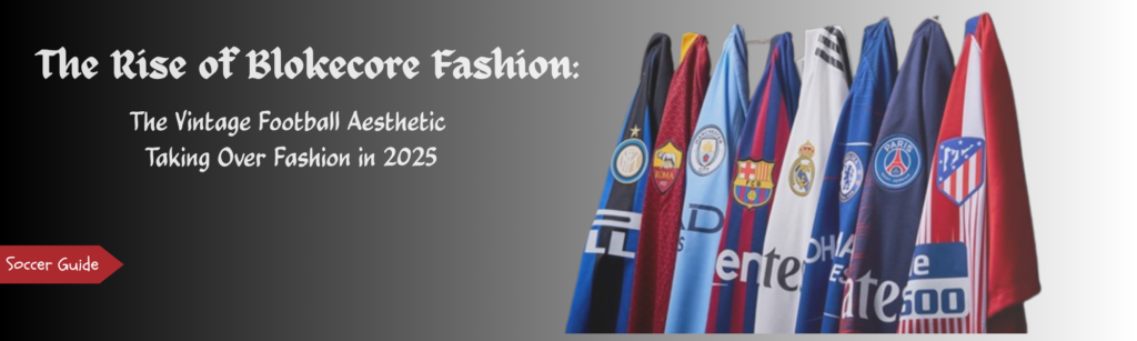 Blokecore fashion guide banner featuring a rack of colorful football jerseys including Barcelona, Arsenal, and Chelsea shirts.