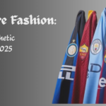 Blokecore fashion guide banner featuring a rack of colorful football jerseys including Barcelona, Arsenal, and Chelsea shirts.