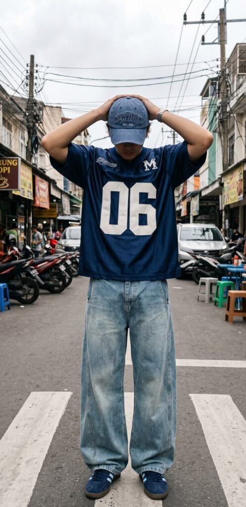 Blokecore style outfit featuring an oversized dark blue sports jersey number 06 paired with a baseball cap in a casual streetwear look