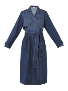 Full-length product view of a dark blue longline denim coat against a white background, styled with classic trench details including double-breasted buttons, lapels, long sleeves, and a tied denim belt at the waist.