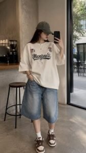 Girl wearing an oversized white Montana graphic t-shirt with wide-leg denim jorts and sneakers