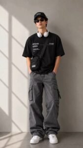 Streetwear college style pairing an oversized graphic tee with dark cargo pants