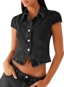 POTILI Cropped Denim Shirt Women Button Down Short Sleeve Denim Top